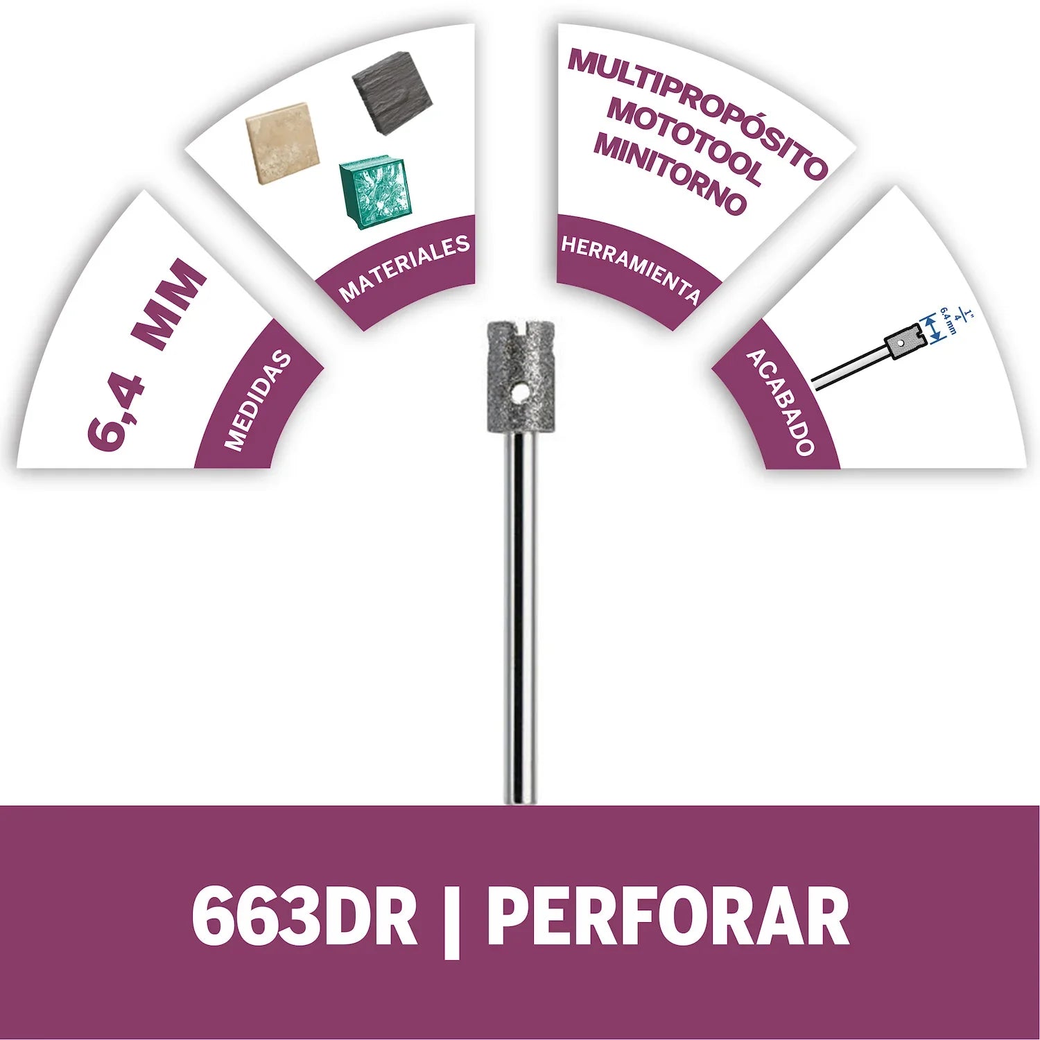 Mecha Diamantada De 6,4mm Para Vidrio, Piedra y Cerámica (Modelo 663DR) Dremel