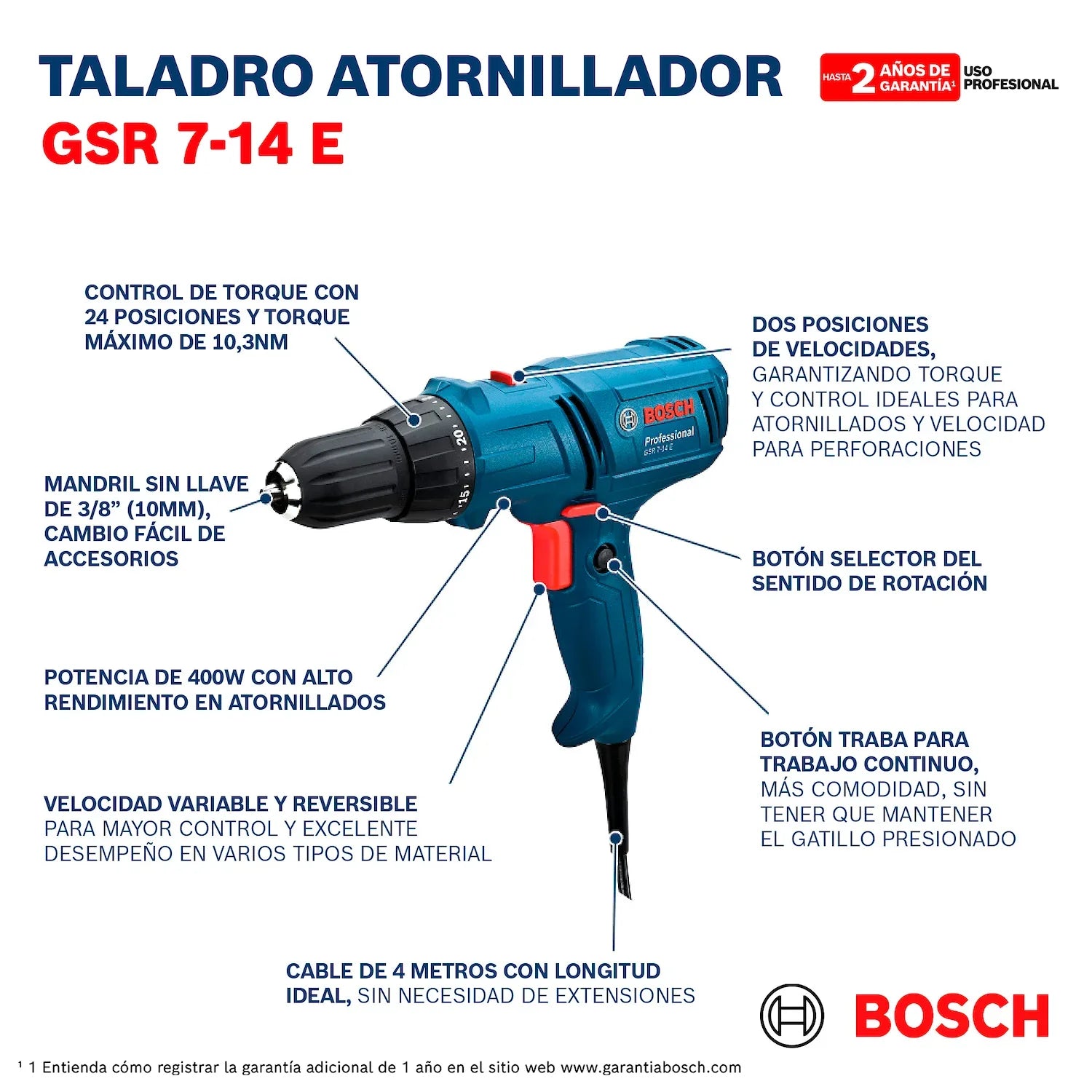 Taladro Atornillador Bosch GSR 7-14 E 400W 127V cable 4m