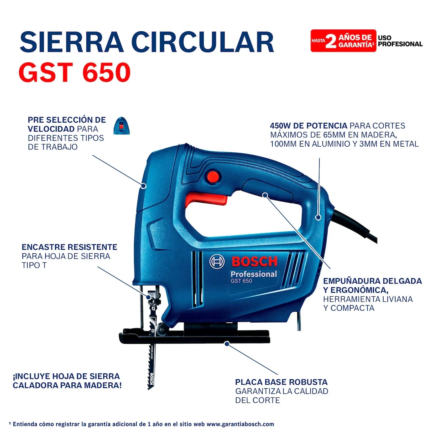 Sierra Caladora Bosch GST 650 450W 127V 1 Hoja y Llave