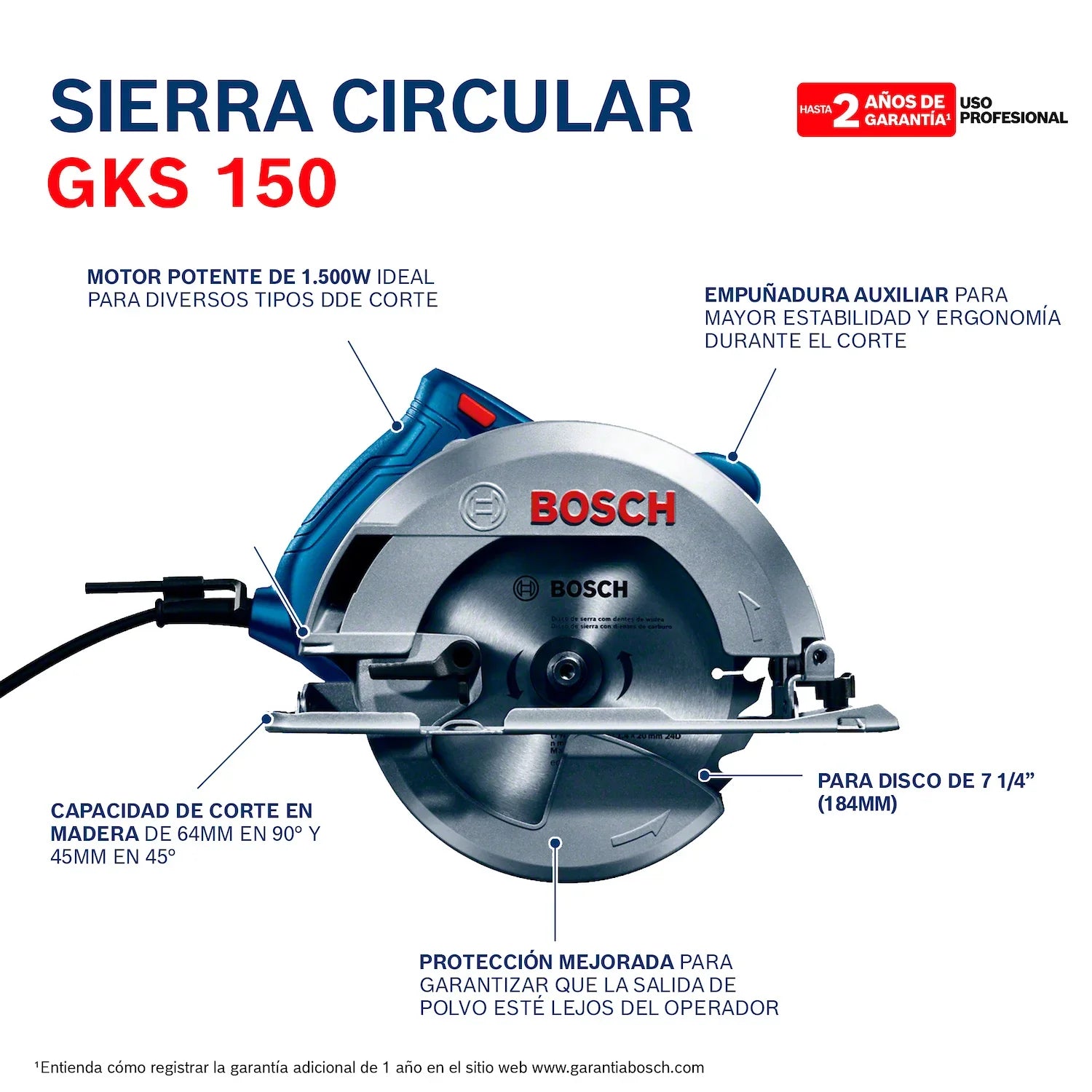 Sierra Circular Bosch GKS 150 1500W 127V con 1 Disco y guía