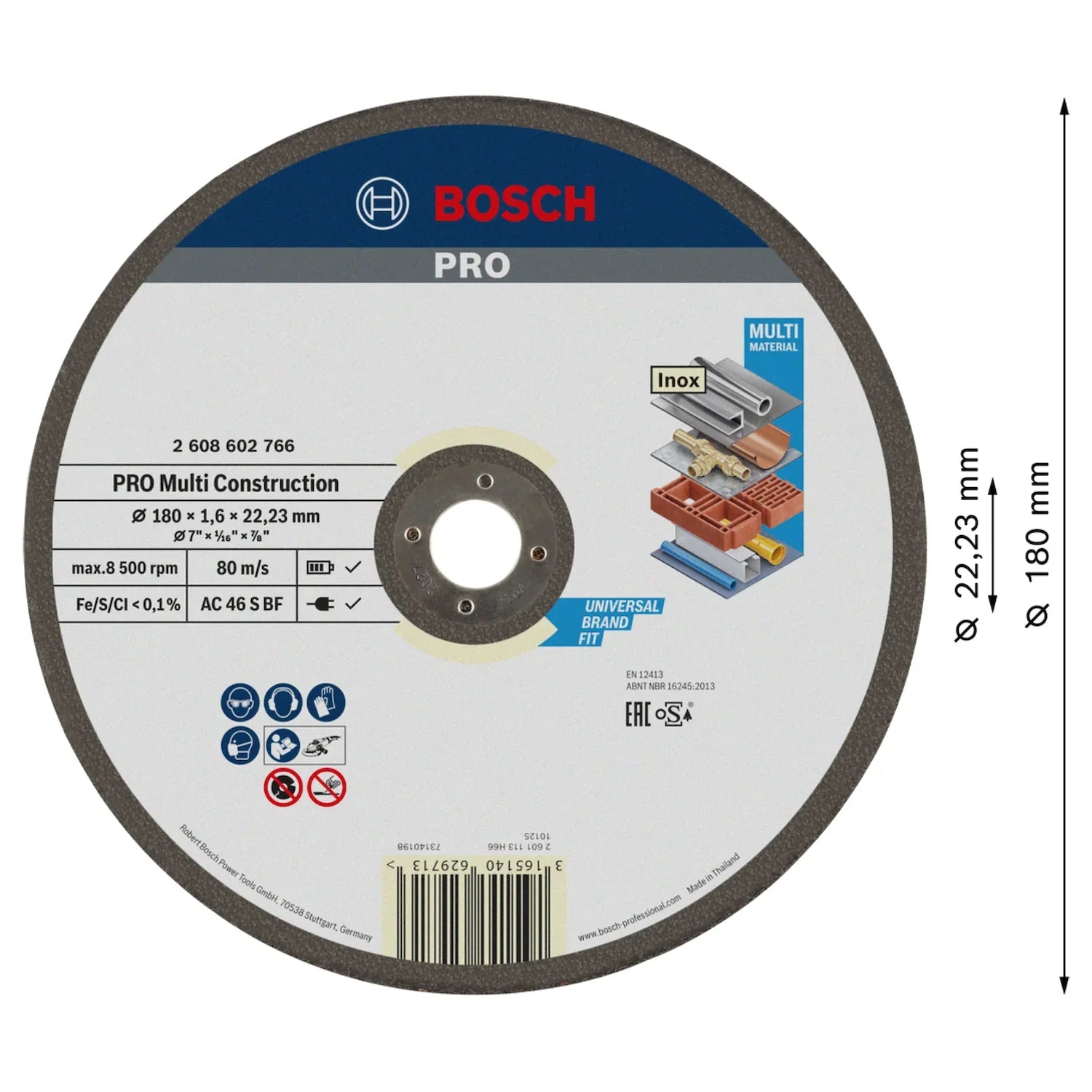 Disco de corte Bosch PRO Multi Construction 180x1,6mm Recto