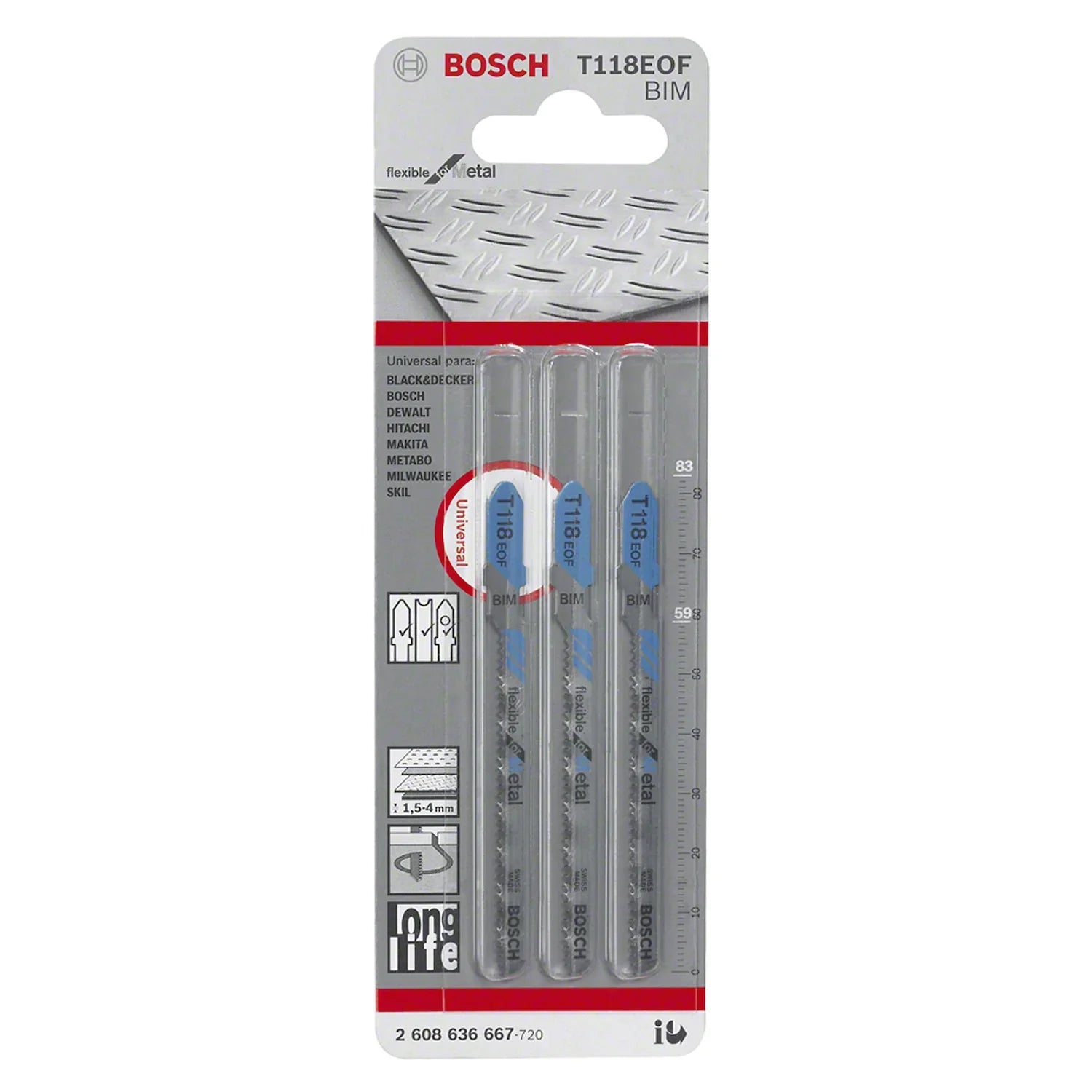 3 Hojas de calar T118EOF Bosch Flexible for Metal 82,6mm