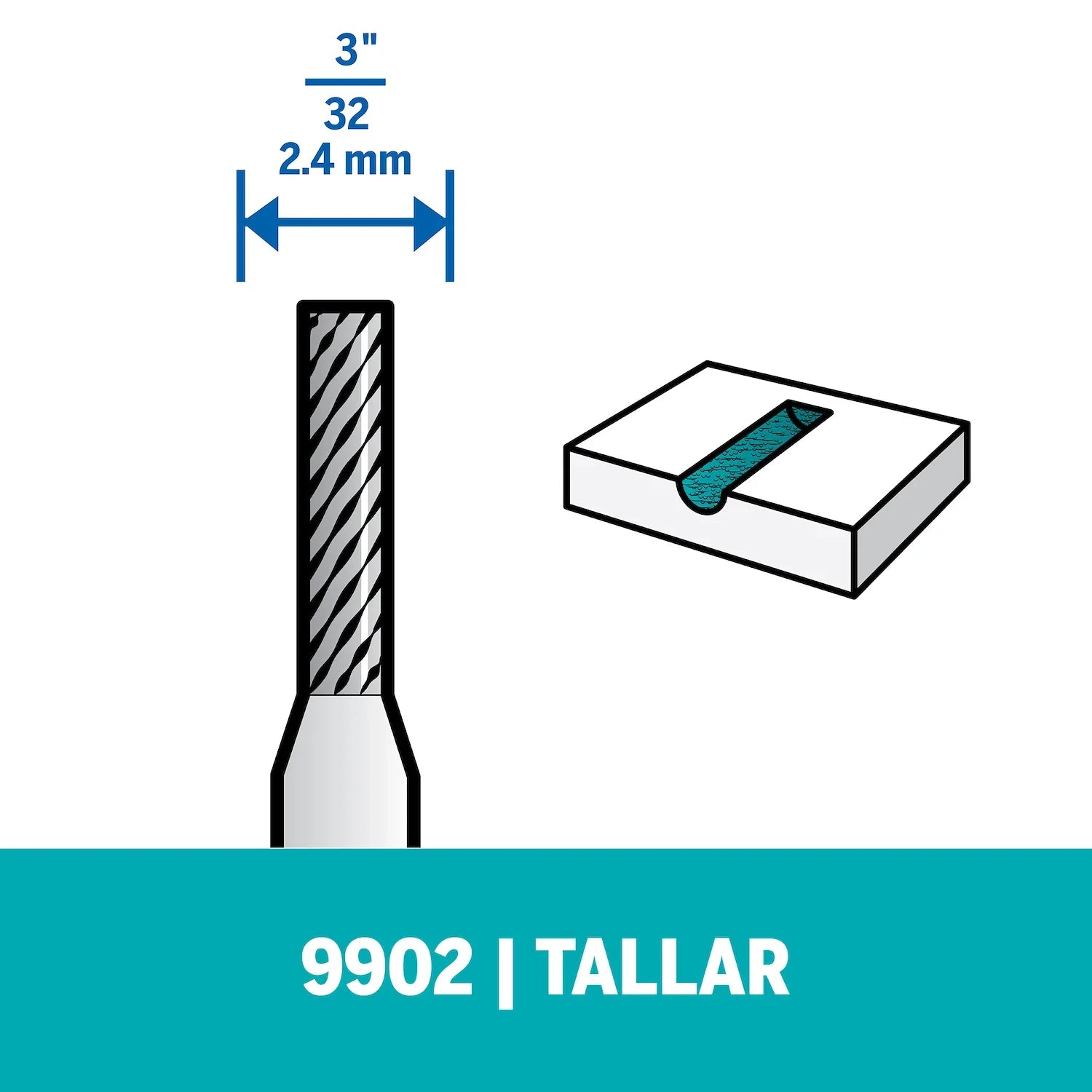 Fresa De Tallado De Punta Cuadrada De 2,4mm Para Perfilar, Alisar O Eliminar Elementos De Acero, Hierro Fundido, Metal, Cobre, Estaño, Aluminio, Cerámica, Piedra, Plástico y Madera Dura (Modelo 9902) Dremel