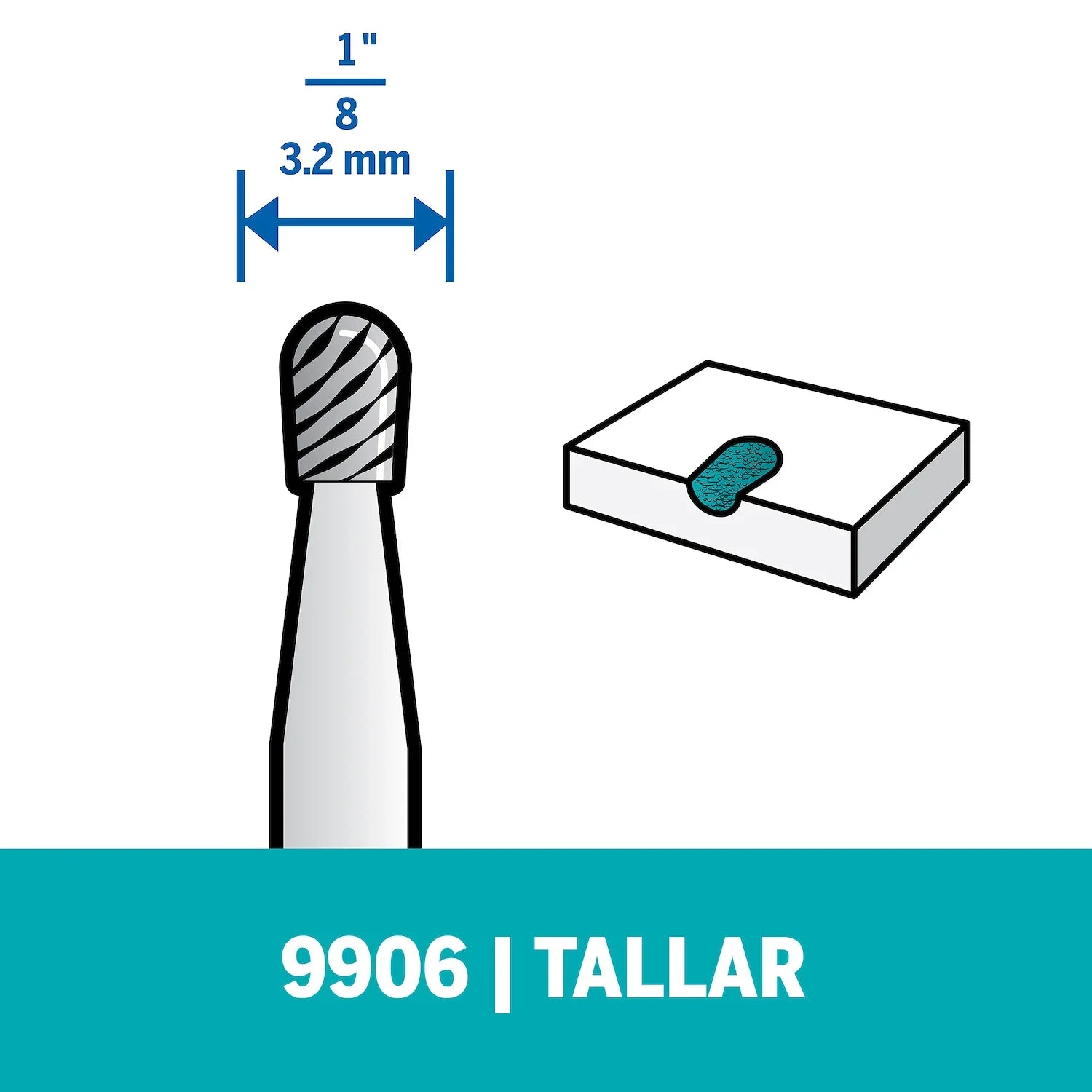 Fresa De Tallado De Punta Oval De 3,2mm Para Perfilar, Alisar O Eliminar Elementos De Acero, Hierro Fundido, Metal, Cobre, Estaño, Aluminio, Cerámica, Piedra, Plástico y Madera Dura (Modelo 9906) Dremel