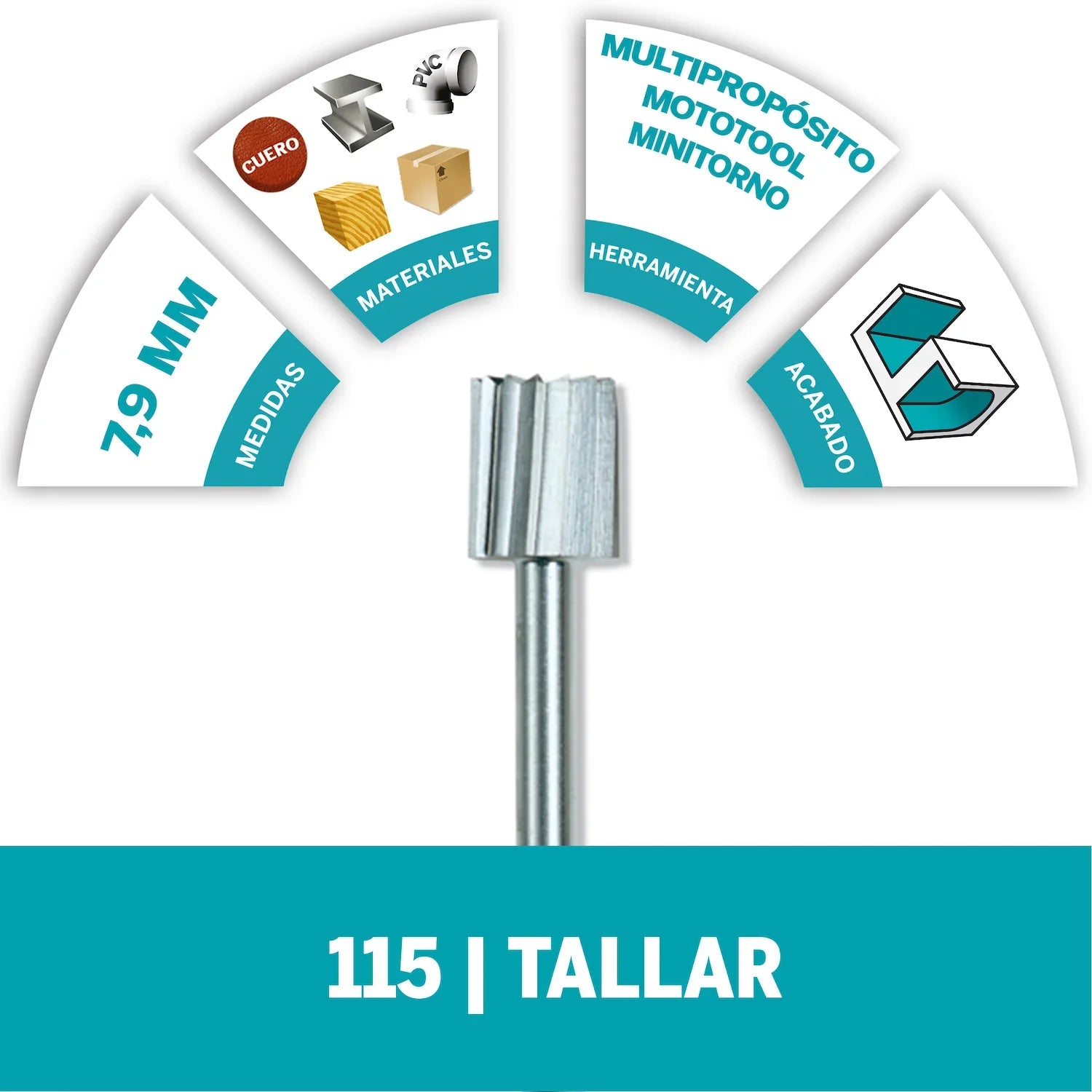 Fresa De Tallado De Punta Cuadrada De 7,9mm Para Madera, Metal, Cuero, Plástico, Goma y Cartón (Modelo 115) Dremel