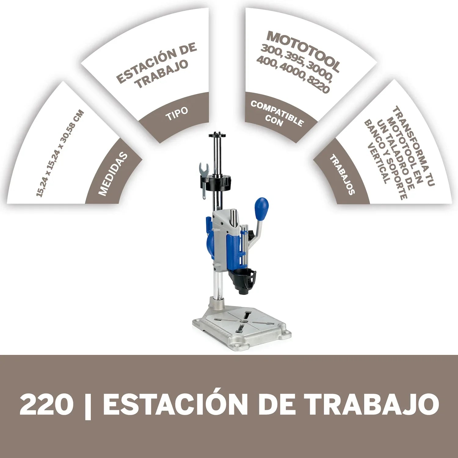 Acople De Mototool Estación De Trabajo: Taladro De Banco y Soporte Vertical Para Mototool y Eje Flexible (Modelo 220) Dremel