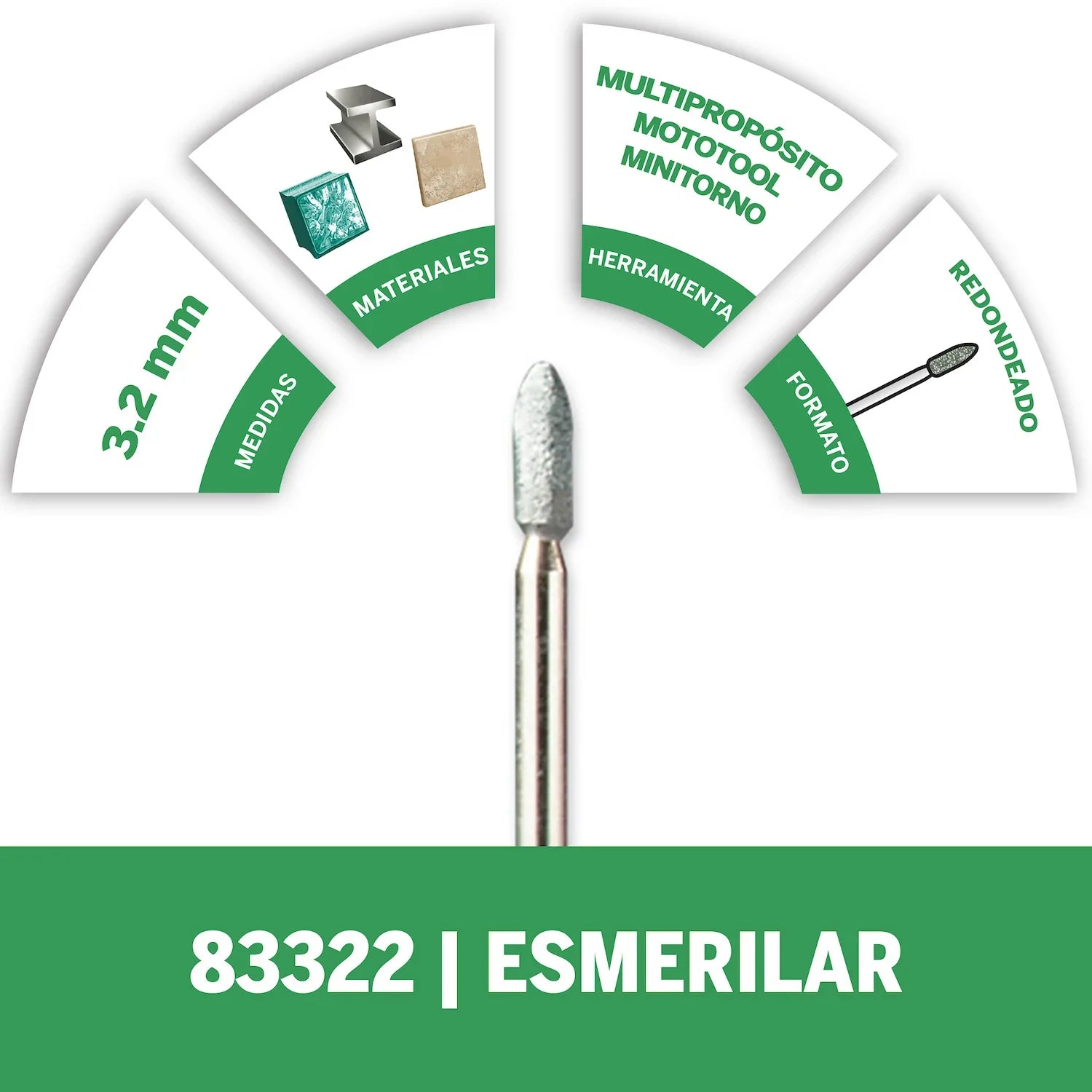 Piedra Formato Cilindrico De Punta Redondada De Esmerilado De 3,2mm Para Vidrio, Piedra, Cerámica, Aluminio y Cobre (Modelo 83322) Dremel